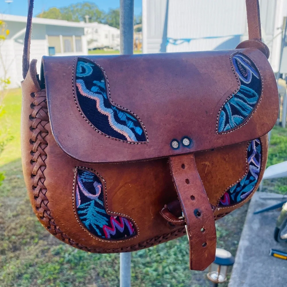 Tooled leather flap top brown crossbody bag handmade bohemian hippie